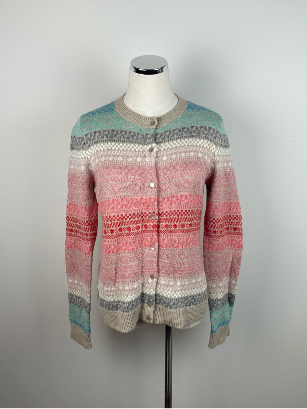 Talbots Lambswool Pink Green Tan Knit Cardigan Sweater Women Small Classic
